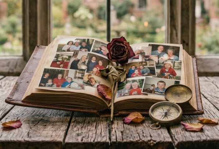 Aufgeschlagenes altes Fotoalbum mit Familienbildern, einer welken Rose und einem Kompass